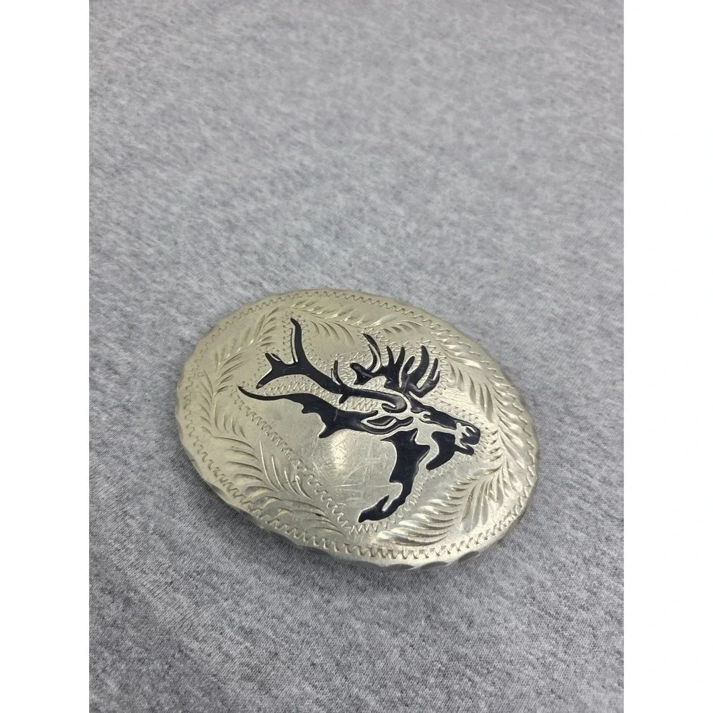 Vintage Handmade Wil-Aren Deer Caribou Onyx Black Inlay Belt Buckle Hunting